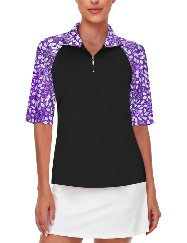 Elbow Sleeve Golf Shirts for WomenCucuchy Activewear Polo Shirt Half Sleeve 1/4 Zip Up Workout Tops Quick Dry Lightweight Moisture Wicking Womens Golf Outfits Purple Leaf 2XL