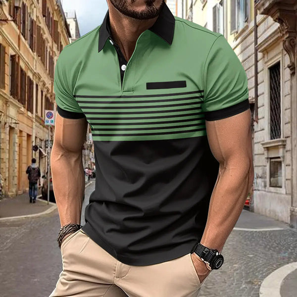Men's Casual Polo Shirt with Pocket and Striped Design