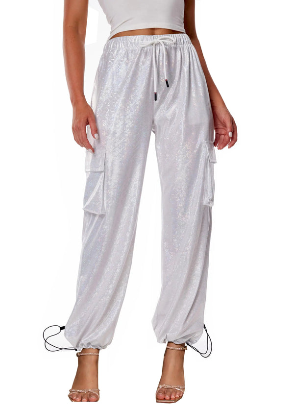 heipeiwa Womens Sequin Sparkly Wide Leg Cargo Pants Party Club Drawstring Ankle Cuffs Hiking Jogger Pant Silver