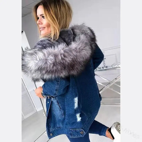 2023 Women's Thickened Denim Jacket with Fur Collar