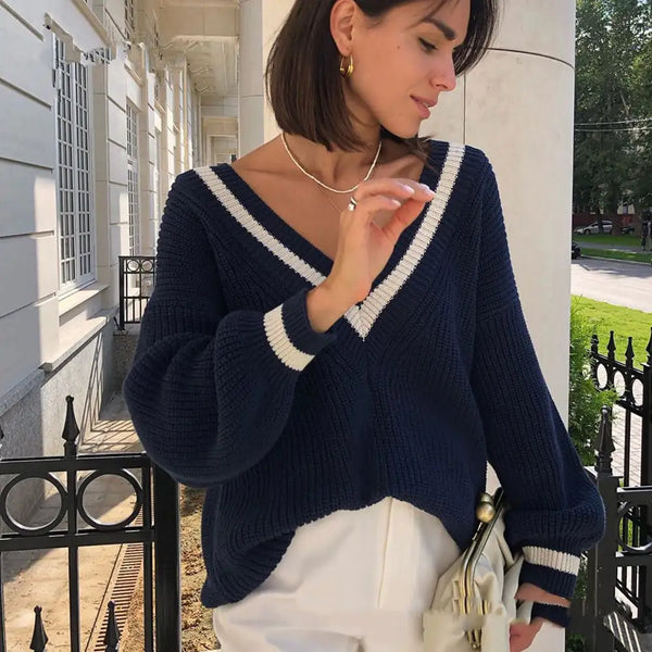 Casual Contrast Color Stitching Women's Sweater