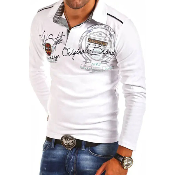 Men's Long Sleeve Polo Shirt with Printed Lapel Design