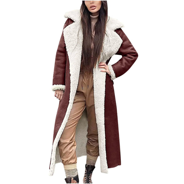 kcdigr Suede Overcoats Sherpa Lined Womens Winter Coats Trendy Notched Lapel Long Fleece Jacket Warm Slim Fit Furry Outerwear