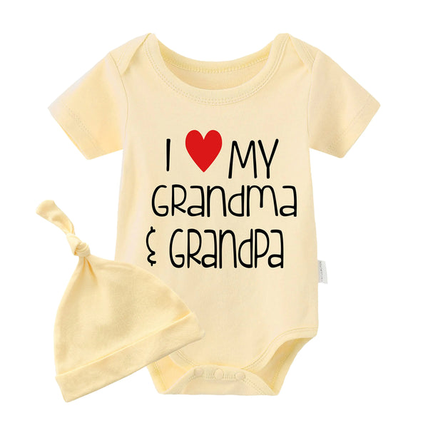 YSCULBUTOL Baby Twins Bodysuit I Love My Grandma and Grandpa Funny Baby Romper Baby Girl Clothes Set(yellow hayi love grandpa grandma 9m)