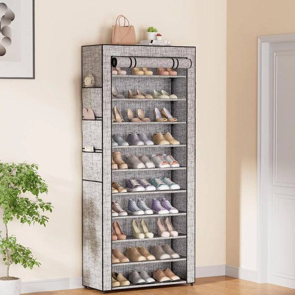 Large Shoe Rack Tall Metal Shoe Storage Cabinet 10-tier Shoe Rack with Covers Large Capacity 36-41 Pairs Stackable Tall Shoe Shelf Storage Covered Free Standing Shoe Rack Organizer for Entryway Closet