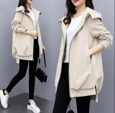 Casual Hooded Mid-Length Trench Coat