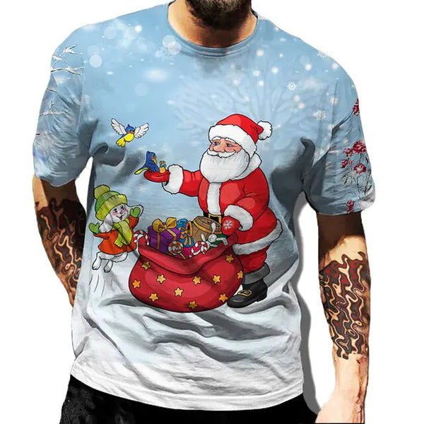 Christmas Print Casual Men's Polyester T-Shirt