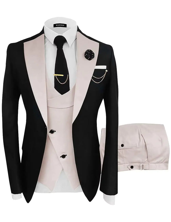 Wangyue Mens Suits 3 Piece Suit for Men Slim Fit Wedding Prom Dress Suit Formal Business Suit Double Breasted Black Beige Suit Men XS
