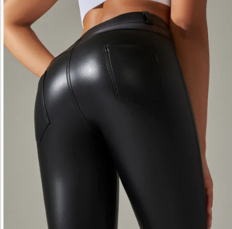 Black Synthetic Leather Women's Pants with Pockets (One Piece)