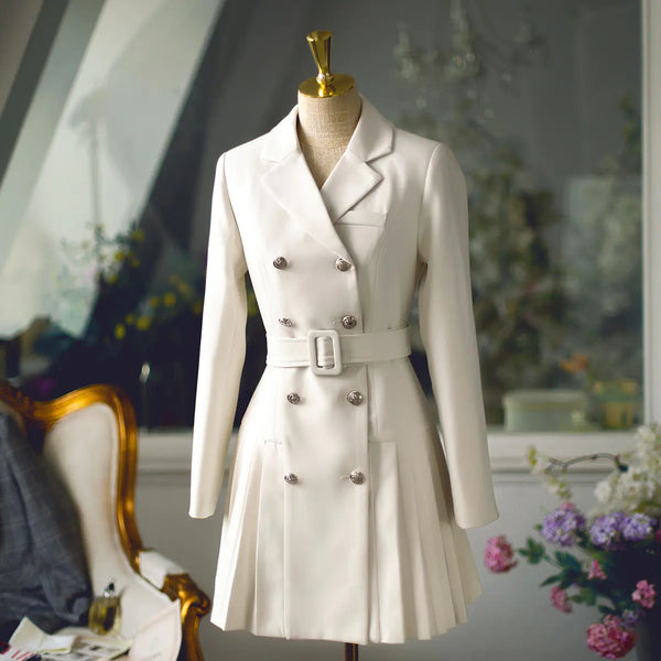 Women's Double-Breasted Slim Suit with Pleated Skirt