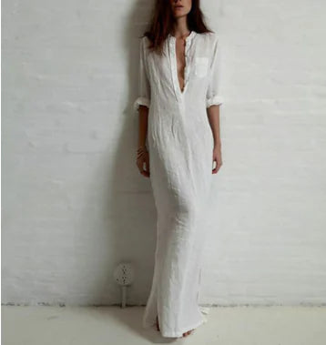 Deep V Cotton-Linen Dress, Long Sleeve Split Maxi Dress