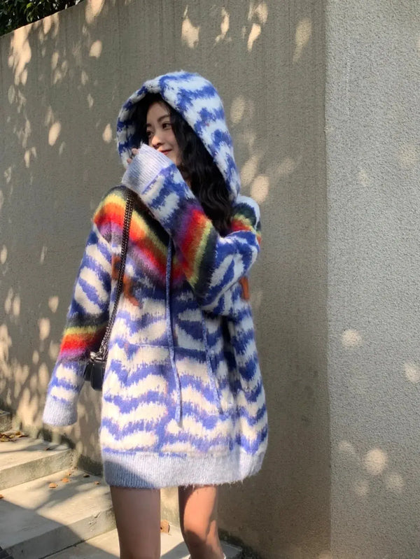 High-Quality Women's Mid-Length Hooded Mohair Sweater