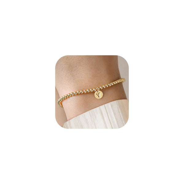 BAYLAY Initial Bracelets for Women Jewelry - 18K Gold Plated Beaded Letter Y Initial Bracelet Dainty Disc Charm Bracelet Gold Bracelets for Women Gold Jewelry Gifts
