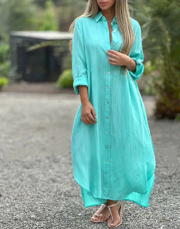 Deep V Cotton-Linen Dress, Long Sleeve Split Maxi Dress