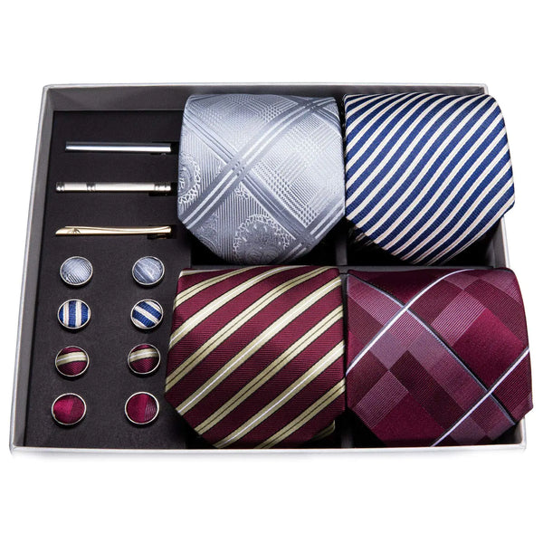 Barry.Wang Grey Red Ties Set Silk Men Necktie Pocket Square and Tie Clips Cufflinks Formal