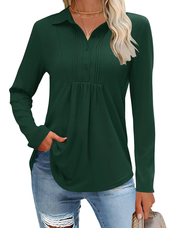 Romanstii Green Long Sleeve Polo Shirt Business Casual Tops Soft Button Down Tunic Tops Pleated Fall Basics Tees Dark Green S