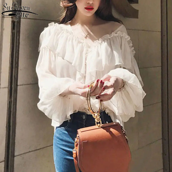 Elegant Ruffled Women's Shirt with Sexy Perspective