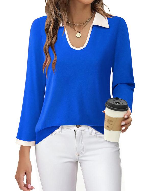 Vivilli Casual Polo Shirts for Women: 3/4 Sleeve Office Work Clothes - Business Professional Blouses - U Neck Collared Shirts for Women Fall Fashion Color Block Sweatshirt Women Golf Polo Shirt Blue M