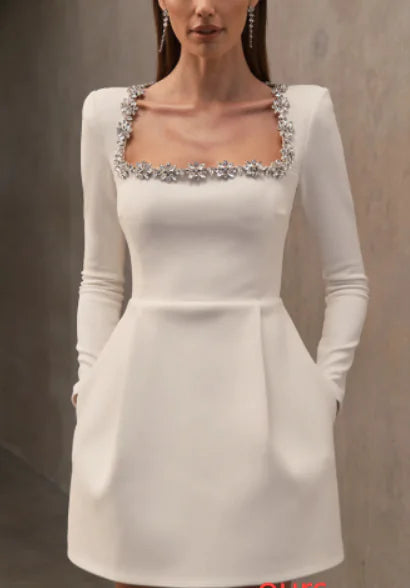 Chloe™ Elegant Summer Long Sleeve Dress with Rhinestones