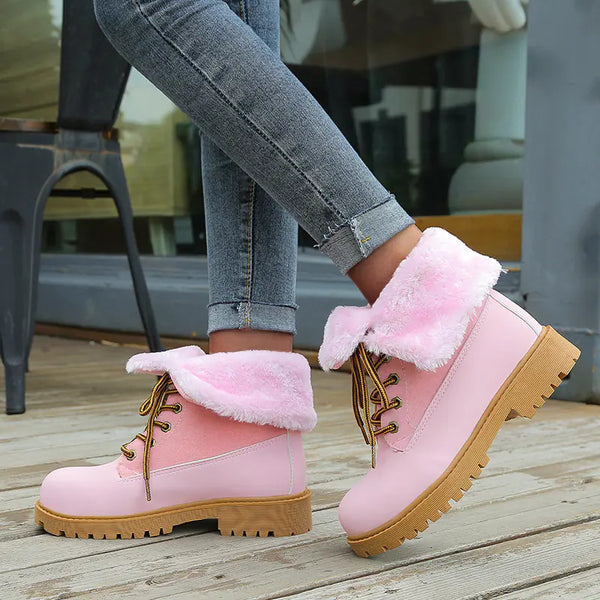 Women's Winter Ankle Boots - Round Toe Lace-Up Design