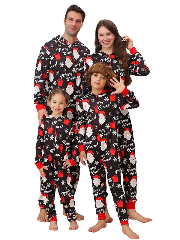 Family Matching Christmas Onesie Pajamas Hooded One Piece Xmas Pajamas Onesie Adult Pajama for Women/Men/Couples Holiday Adult Onesie Pjs Sleepwear (Youth10-12TBlack Santa)