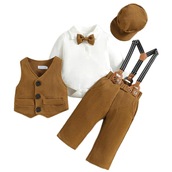 IDOPIP Baptism Christening Outfits for Boys Baby Clothes Sets Toddler Gentleman Bowtie Romper Shirt + Suspenders Pants+Vest+Beret Hat 5PCS Birthday Wedding Tuxedo Formal Suits Khaki 5PCS 12-18 Months