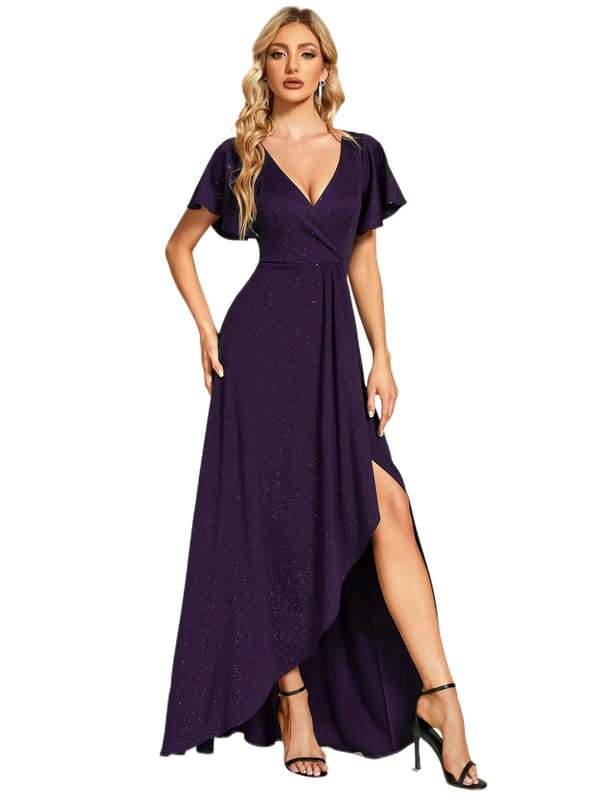 Ever-Pretty Womens Glitter High Low Ruffled Hem V-Neck Formal Dress with Sleeves Dark Purple US14