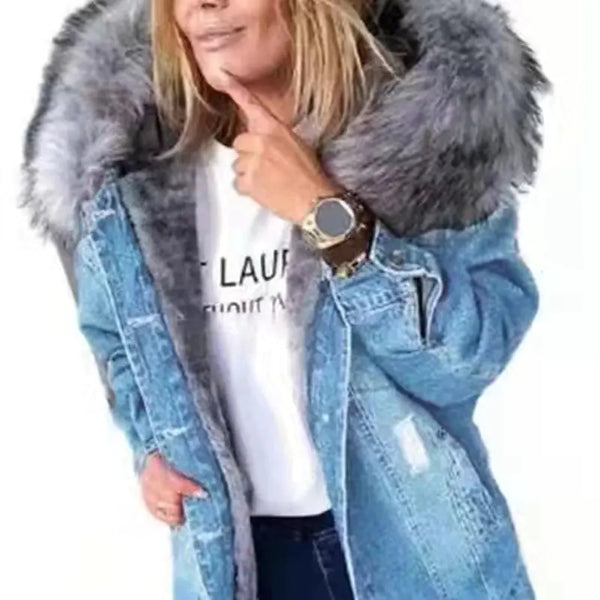 2023 Women's Thickened Denim Jacket with Fur Collar