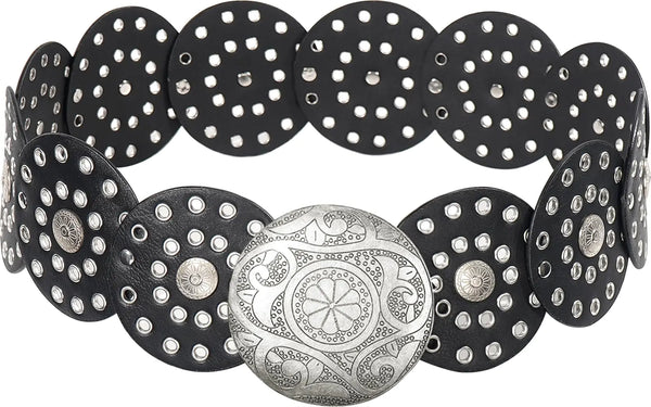 HIQUACC Wide Disc Belt for Women Vintage Leather Hollow Out Round Belt Western Waist Belt (Silver Black S)