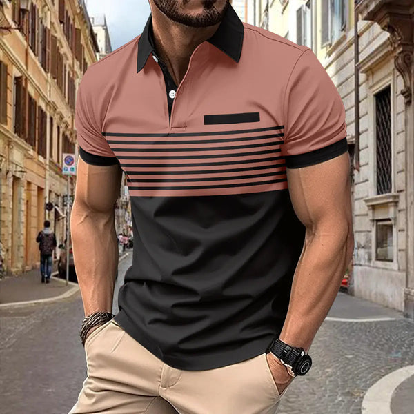 Men's Casual Polo Shirt with Pocket and Striped Design