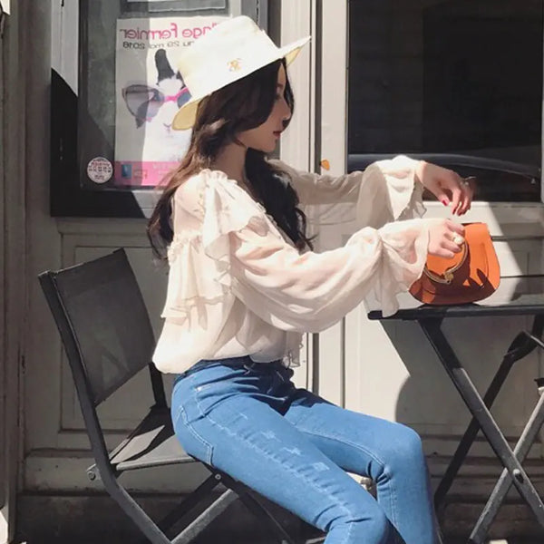 Elegant Ruffled Women's Shirt with Sexy Perspective