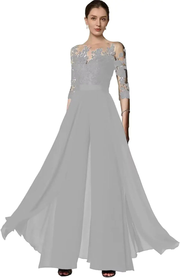 WinKitor Mother of The Bride Pant Suits for Women Dressy Chiffon Lace 3/4 Sleeves Wedding Jumpsuits WK002 Silver 18