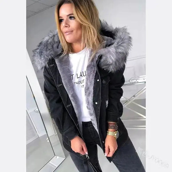 2023 Women's Thickened Denim Jacket with Fur Collar