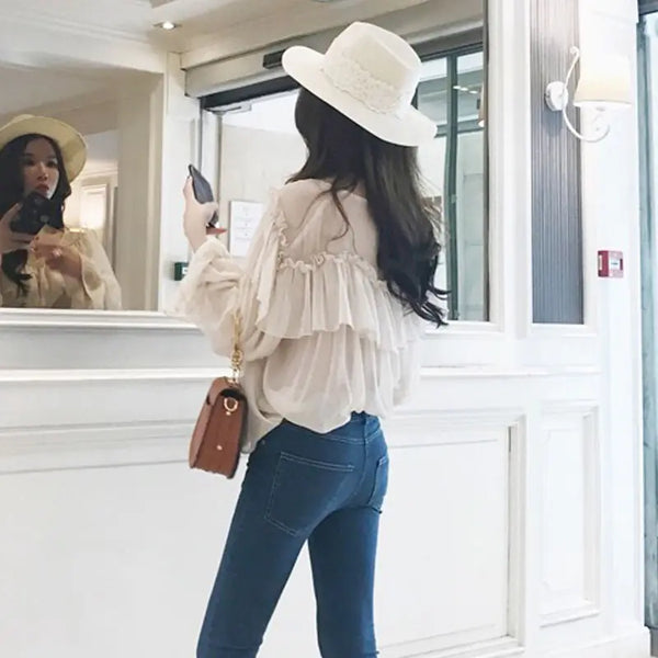 Elegant Ruffled Women's Shirt with Sexy Perspective