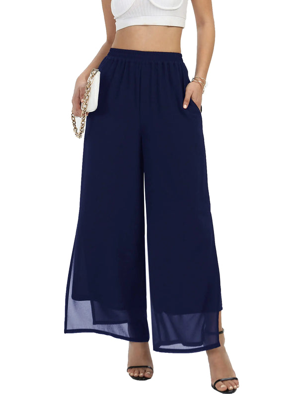 Womens Wide Leg Chiffon Dress Palazzo Pants Casual Split Hem Summer Trousers Party Club Pant