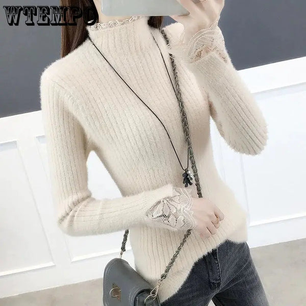 Y2K Women's Knitted Wool Sweater with Standing Collar