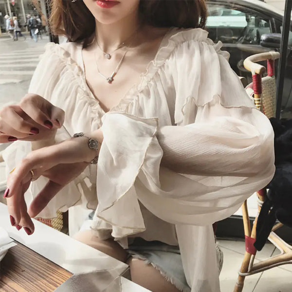 Elegant Ruffled Women's Shirt with Sexy Perspective