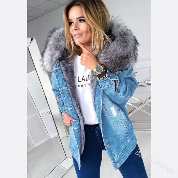 2023 Women's Thickened Denim Jacket with Fur Collar