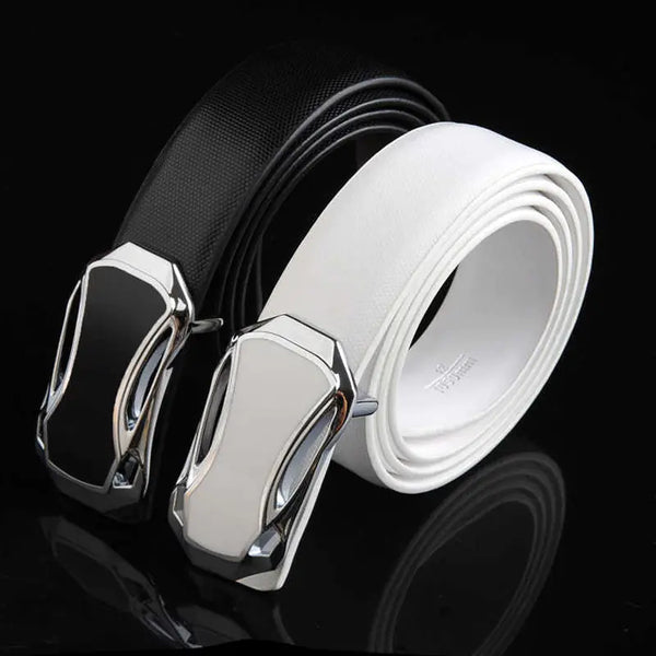 Trendy White Leather Men's Belt with Smooth Buckle