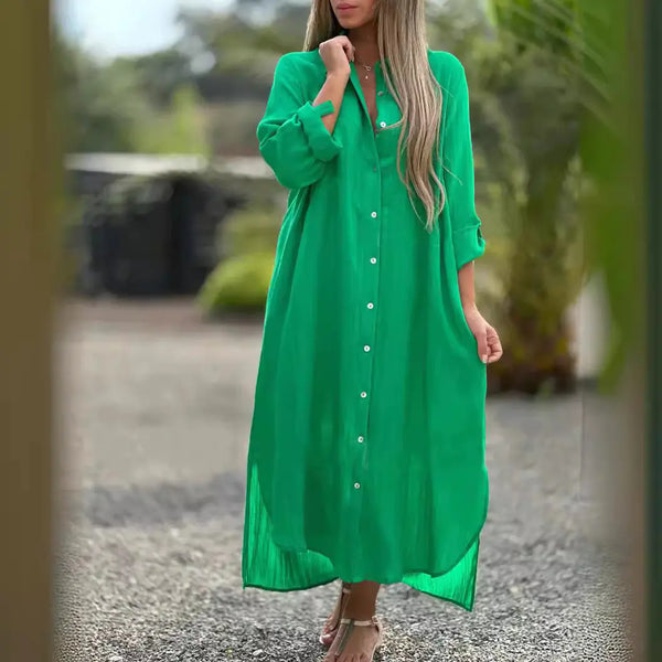 Deep V Cotton-Linen Dress, Long Sleeve Split Maxi Dress