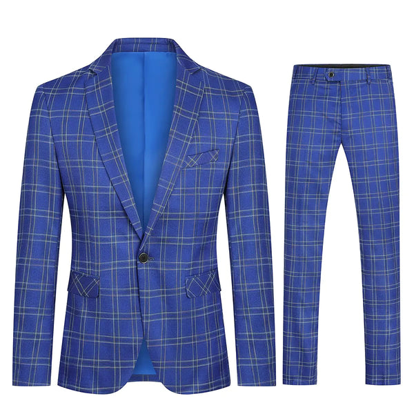 Mens Plaid Suits 2 PCS Slim Fit Checkered Suit 1 Button Formal Blazer Jacket Pants