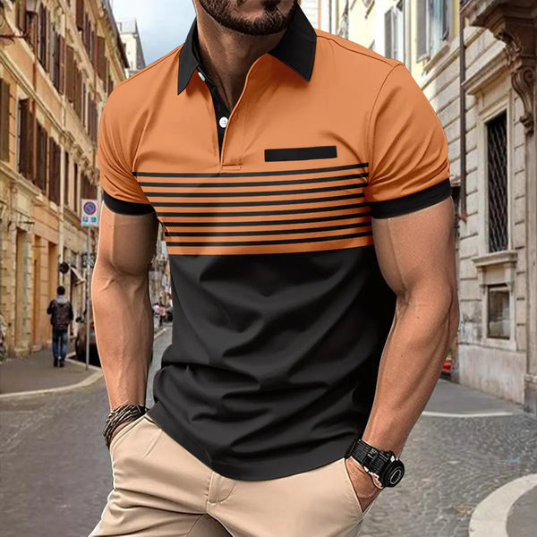 Men's Casual Polo Shirt with Pocket and Striped Design