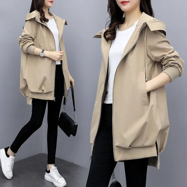 Casual Hooded Mid-Length Trench Coat