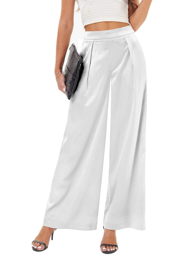 Womens Satin Wide Leg Palazzo Pants Plicated Silky Pull on Party Dress Casual Pant Trouser White