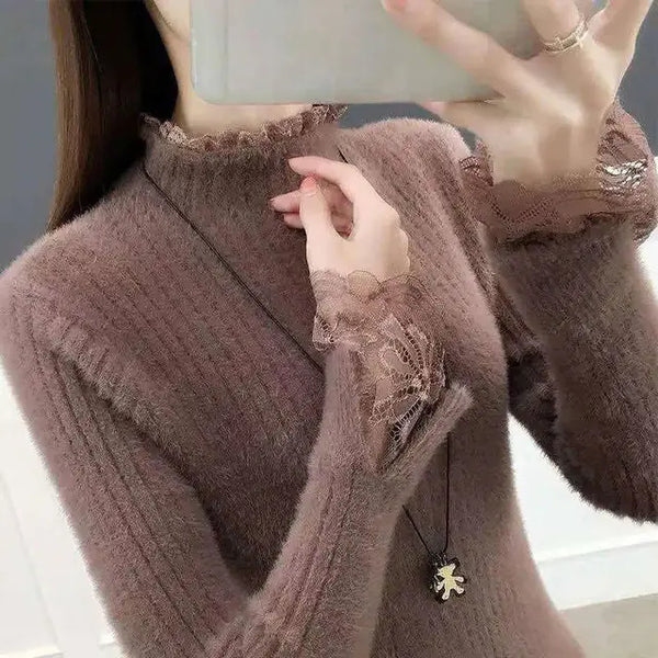Y2K Women's Knitted Wool Sweater with Standing Collar