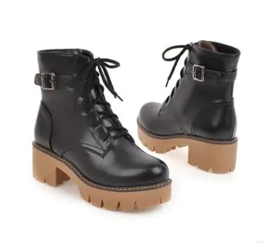 Waterproof Round Toe Chunky Heel Lace-Up Ankle Boots