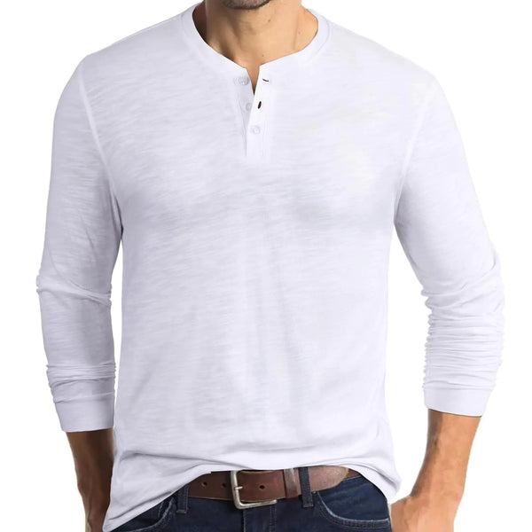 PrettyGuide Cotton Henley Shirts for Men Long Sleeve Casual 3 Button Placket Pullover T-Shirts White S
