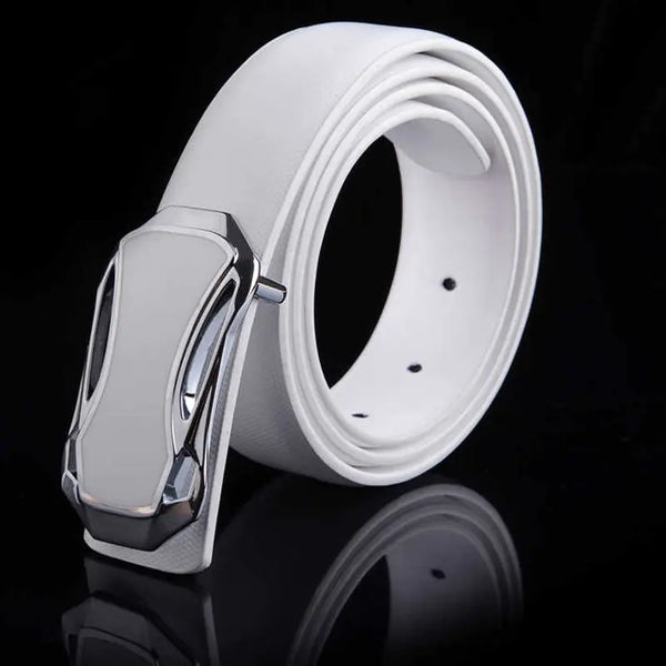 Trendy White Leather Men's Belt with Smooth Buckle