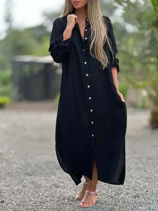 Deep V Cotton-Linen Dress, Long Sleeve Split Maxi Dress