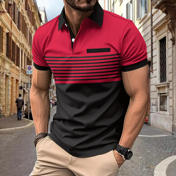 Men's Casual Polo Shirt with Pocket and Striped Design